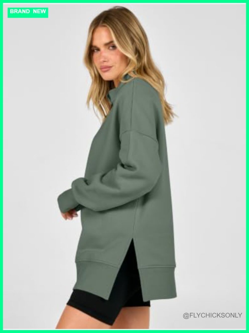 Oversized Quarter Zip Pullover Sweatshirt Stand Collar Side Slits Casual - Picture 3 of 6